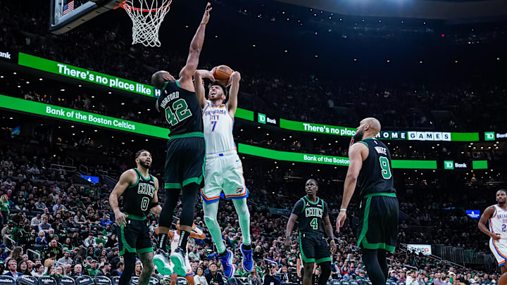 Mar 12, 2025; Boston, Massachusetts, USA; Boston Celtics center Al Horford (42) defends against Oklahoma City Thunder forward Chet Holmgren (7) in the third quarter at TD Garden. Mandatory Credit: David Butler II-Imagn Images Mar 12, 2025; Boston, Massachusetts, USA; Boston Celtics center Al Horford (42) defends against Oklahoma City Thunder forward Chet Holmgren (7) in the third quarter at TD Garden. Mandatory Credit: David Butler II-Imagn Images