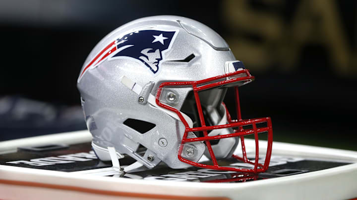 Sep 17, 2017; New Orleans, LA, USA; A New England Patriots helmet on the bench before their game against the New Orleans Saints at the Mercedes-Benz Superdome. Mandatory Credit: Chuck Cook-Imagn Images
