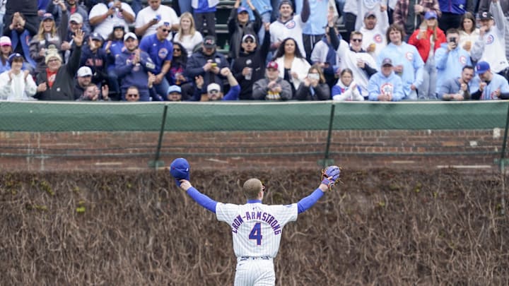 Apr 19, 2025; Chicago, Illinois, USA; Chicago Cubs outfielder Pete Crow-Armstrong (4) waves to the crowd before the game against the Arizona Diamondbacks at Wrigley Field. Mandatory Credit: David Banks-Imagn Images Apr 19, 2025; Chicago, Illinois, USA; Chicago Cubs outfielder Pete Crow-Armstrong (4) waves to the crowd before the game against the Arizona Diamondbacks at Wrigley Field. Mandatory Credit: David Banks-Imagn Images