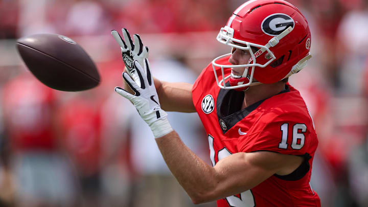 Sep 6, 2025; Athens, Georgia, USA; Georgia Bulldogs wide receiver London Humphreys (16) prepares for a game against the Austin Peay Governors at Sanford Stadium. Mandatory Credit: Brett Davis-Imagn Images