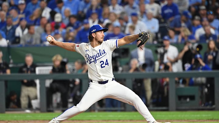 Kansas City Royals pitcher Michael Lorenzen (24) pitches in the ninth inning against the New York Yankees during game three of the NLDS for the 2024 MLB Playoffs at Kauffman Stadium. Kansas City Royals pitcher Michael Lorenzen (24) pitches in the ninth inning against the New York Yankees during game three of the NLDS for the 2024 MLB Playoffs at Kauffman Stadium.