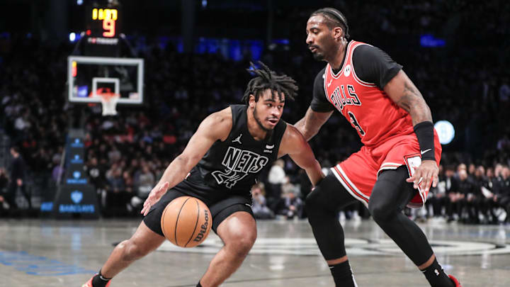 Mar 29, 2024; Brooklyn, New York, USA; Brooklyn Nets guard Cam Thomas (24) looks to drive past Mar 29, 2024; Brooklyn, New York, USA; Brooklyn Nets guard Cam Thomas (24) looks to drive past