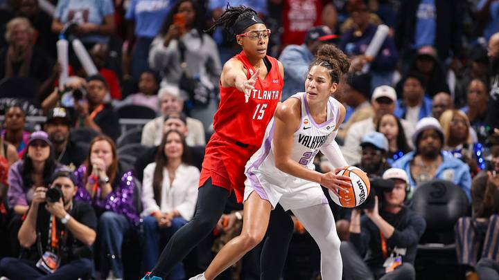 Oct 29, 2026; Atlanta, Georgia, USA; Atlanta Dream guard Allisha Gray (15) defends Golden State Valkyries guard Veronica Burton (22) in the first quarter during game six of the 2026 WNBA Finals at State Farm Arena. Mandatory Credit: Brett Davis-Imagn Images