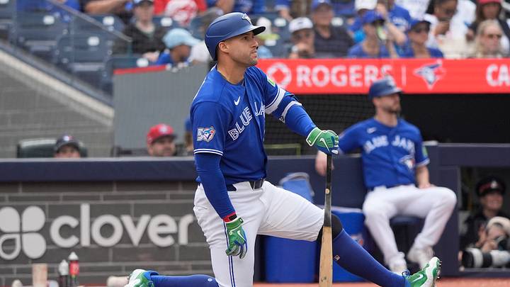 Sep 13, 2026; Toronto, Ontario, CAN; Toronto Blue Jays designated hitter George Springer (4) kneels after taking a strike against the Baltimore Orioles during the eighth inning at Rogers Centre. Mandatory Credit: John E. Sokolowski-Imagn Images Sep 13, 2026; Toronto, Ontario, CAN; Toronto Blue Jays designated hitter George Springer (4) kneels after taking a strike against the Baltimore Orioles during the eighth inning at Rogers Centre. Mandatory Credit: John E. Sokolowski-Imagn Images