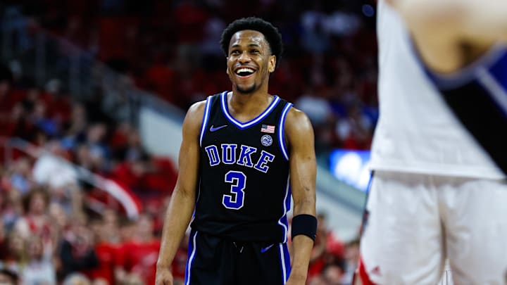 Mar 4, 2024; Raleigh, North Carolina, USA; Duke Blue Devils guard Jeremy Roach (3) smiles during the