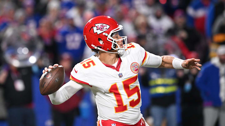 Nov 17, 2024; Orchard Park, New York, USA; Kansas City Chiefs quarterback Patrick Mahomes (15) throws a pass in the second quarter against the Buffalo Bills at Highmark Stadium. Mandatory Credit: Mark Konezny-Imagn Images