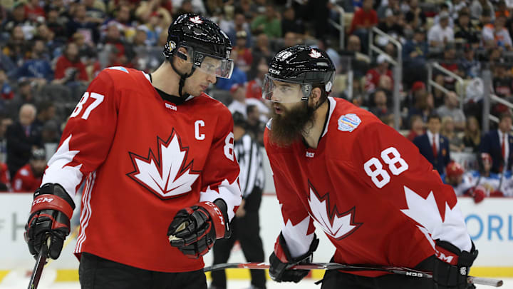 Sep 14, 2016; Pittsburgh, PA, USA; Team Canada center Sidney Crosby (87) and defenseman Brent Burns (88) talk before a face-off against Team Russia during the second period in a World Cup of Hockey pre-tournament game at CONSOL Energy Center. Team Canada won 3-2. Mandatory Credit: Charles LeClaire-Imagn Images Sep 14, 2016; Pittsburgh, PA, USA; Team Canada center Sidney Crosby (87) and defenseman Brent Burns (88) talk before a face-off against Team Russia during the second period in a World Cup of Hockey pre-tournament game at CONSOL Energy Center. Team Canada won 3-2. Mandatory Credit: Charles LeClaire-Imagn Images