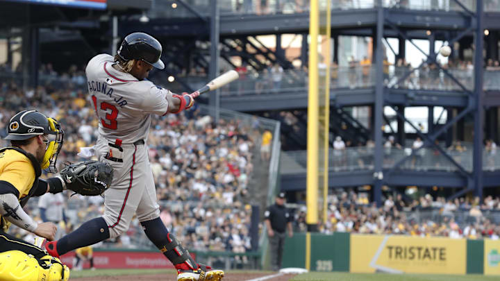 Atlanta Braves right fielder Ronald Acuna Jr. (13) hits a single against the Pittsburgh Pirates during the fourth inning at PNC Park in 2024. Atlanta Braves right fielder Ronald Acuna Jr. (13) hits a single against the Pittsburgh Pirates during the fourth inning at PNC Park in 2024.