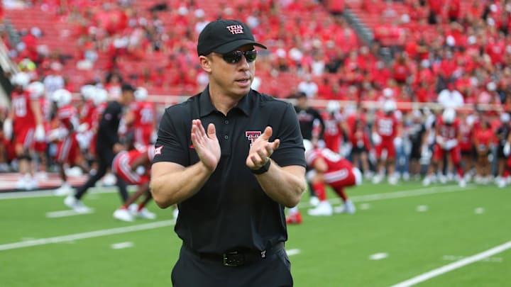 Aug 30, 2025; Lubbock, Texas, USA;  Texas Tech Red Raiders defensive coordinator Shiel Wood on the field before the game against the Arkansas-Pine Bluff Golden Lions at Jones AT&T Stadium. Mandatory Credit: Michael C. Johnson-Imagn Images
