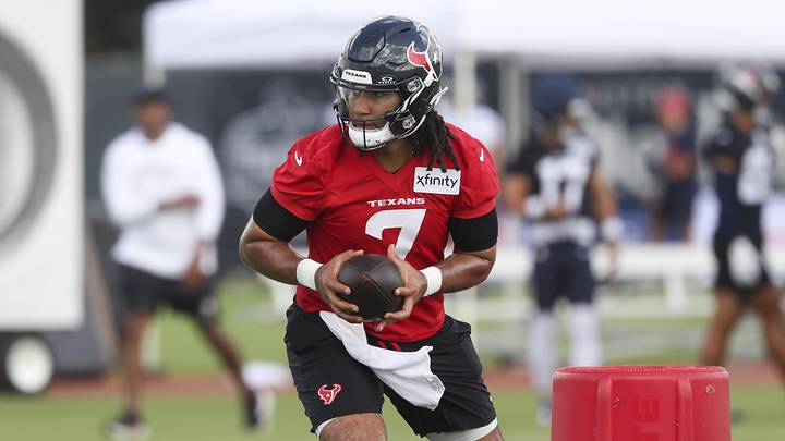Jul 23, 2025; Houston, TX, USA;  Houston Texans quarterback C.J. Stroud (7) during training camp at Houston Methodist Training Center. Mandatory Credit: Troy Taormina-Imagn Images
