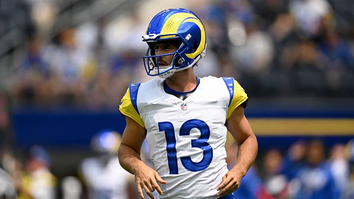 Aug 22, 2026; Inglewood, California, USA;  Los Angeles Rams quarterback Stetson Bennett IV (13) reacts during the first quarter against the New Orleans Saints at SoFi Stadium.  Mandatory Credit: Griffin Hooper-Imagn Images
