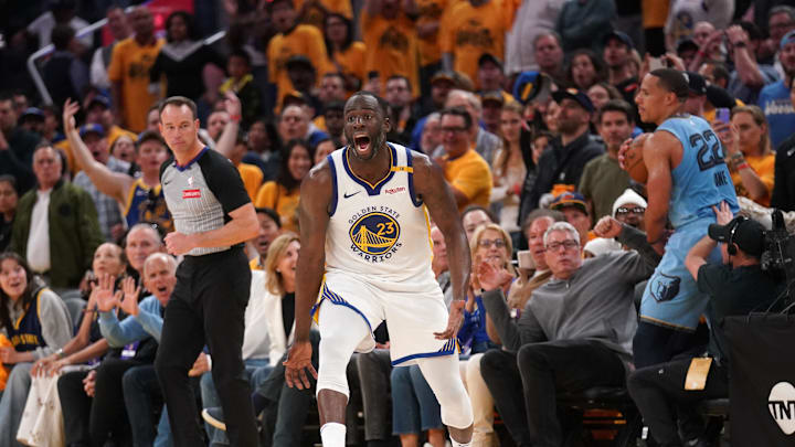 Apr 15, 2025; San Francisco, California, USA; Golden State Warriors forward Draymond Green (23) reacts after being called for his sixth foul of the game against the Memphis Grizzlies in the fourth quarter at the Chase Center. Mandatory Credit: Cary Edmondson-Imagn Images