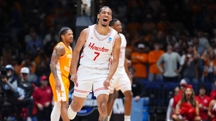 Houston guard Milos Uzan (7) yells in frustration on a foul call against him during the NCAA Tournament Elite Eight game against Tennessee at Lucas Oil Stadium in Indianapolis, Ind., on Sunday, March 30, 2025. Houston guard Milos Uzan (7) yells in frustration on a foul call against him during the NCAA Tournament Elite Eight game against Tennessee at Lucas Oil Stadium in Indianapolis, Ind., on Sunday, March 30, 2025.
