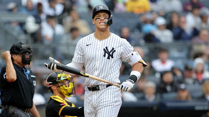 Sep 28, 2024; Bronx, New York, USA; New York Yankees center fielder Aaron Judge (99) reacts after striking out during the fourth inning against the Pittsburgh Pirates at Yankee Stadium. Mandatory Credit: Brad Penner-Imagn Images