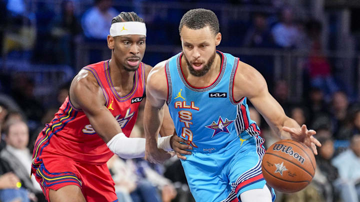 February 16, 2025; San Francisco, CA, USA; Shaq’s OGs guard Stephen Curry (30) of the Golden State Warriors controls the ball against Chuck’s Global Stars guard Shai Gilgeous-Alexander (2) of the Oklahoma City Thunder during the 2025 NBA All Star Game at Chase Center. Mandatory Credit: Kyle Terada-Imagn Images February 16, 2025; San Francisco, CA, USA; Shaq’s OGs guard Stephen Curry (30) of the Golden State Warriors controls the ball against Chuck’s Global Stars guard Shai Gilgeous-Alexander (2) of the Oklahoma City Thunder during the 2025 NBA All Star Game at Chase Center. Mandatory Credit: Kyle Terada-Imagn Images