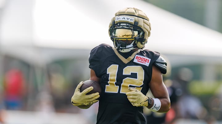 Jul 30, 2025; New Orleans, LA, USA;  New Orleans Saints wide receiver Chris Olave (12)  during training camp at Ochsner Sports Performance Center. Mandatory Credit: Stephen Lew-Imagn Images