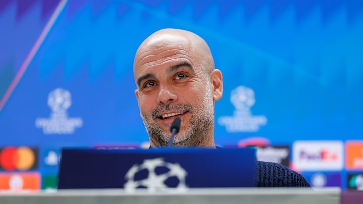 Pep Guardiola Press Conference For Manchester City - UEFA Champions League