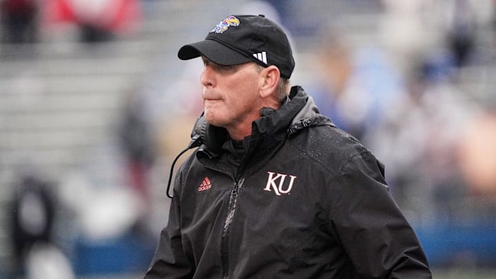 Oct 28, 2023; Lawrence, Kansas, USA; Kansas Jayhawks head coach Lance Leipold on the sidelines