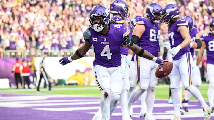 Dec 4, 2022; Minneapolis, Minnesota, USA; Minnesota Vikings running back Dalvin Cook (4) celebrates
