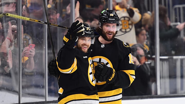 Mar 28, 2026; Boston, Massachusetts, USA; Boston Bruins center Pavel Zacha (18) reacts with left wing Viktor Arvidsson (71) after scoring a goal during the first period against the Minnesota Wild at TD Garden. Mandatory Credit: Bob DeChiara-Imagn Images
