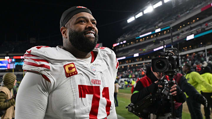 Jan 11, 2026; Philadelphia, PA, USA; San Francisco 49ers offensive tackle Trent Williams (71) walks off the field after win against the Philadelphia Eagles in an NFC Wild Card Round game at Lincoln Financial Field. Mandatory Credit: Eric Hartline-Imagn Images