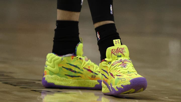 Mar 23, 2025; Miami, Florida, USA; Detailed view of Charlotte Hornets guard LaMelo Ball (1) shoes during a game against the Miami Heat during the second half at Kaseya Center. Mandatory Credit: Rhona Wise-Imagn Images