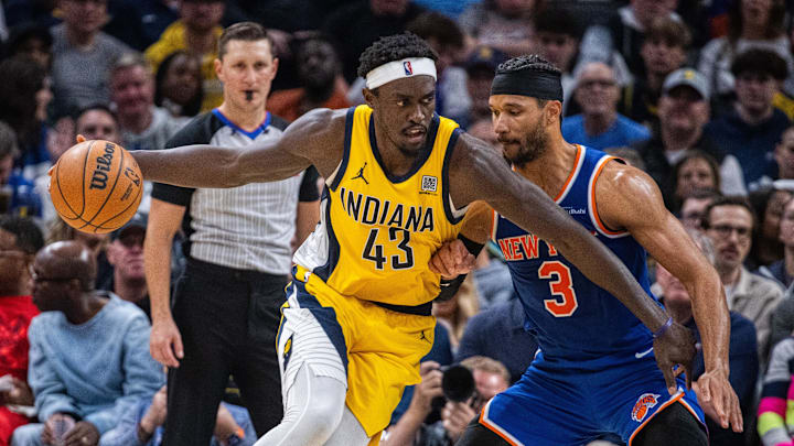 Nov 10, 2024; Indianapolis, Indiana, USA;  Indiana Pacers forward Pascal Siakam (43) dribbles the ball while New York Knicks guard Josh Hart (3) defends in the second half at Gainbridge Fieldhouse. Mandatory Credit: Trevor Ruszkowski-Imagn Images