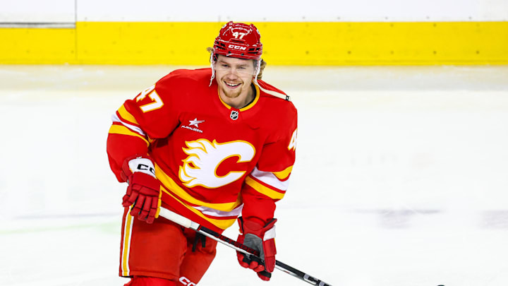 Feb 23, 2025; Calgary, Alberta, CAN; Calgary Flames center Connor Zary (47) skates during the warmup period against the San Jose Sharks at Scotiabank Saddledome. Mandatory Credit: Sergei Belski-Imagn Images