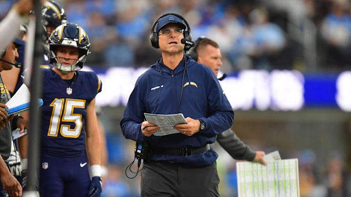 Dec 27, 2025; Inglewood, California, USA;  Los Angeles Chargers head coach Jim Harbaugh looked on from the sidelines against the Houston Texans during the second half at SoFi Stadium. Mandatory Credit: Gary A. Vasquez-Imagn Images