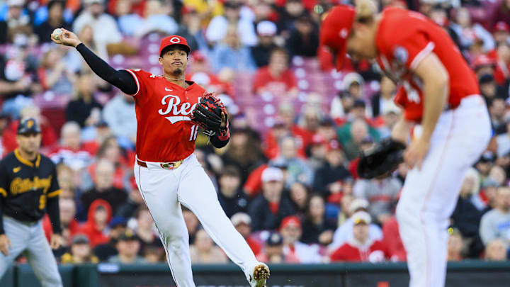Apr 12, 2025; Cincinnati, Ohio, USA; Cincinnati Reds third baseman Noelvi Marte (16) throws to first to get Pittsburgh Pirates outfielder Andrew McCutchen (not pictured) out in the second inning at Great American Ball Park. Mandatory Credit: Katie Stratman-Imagn Images