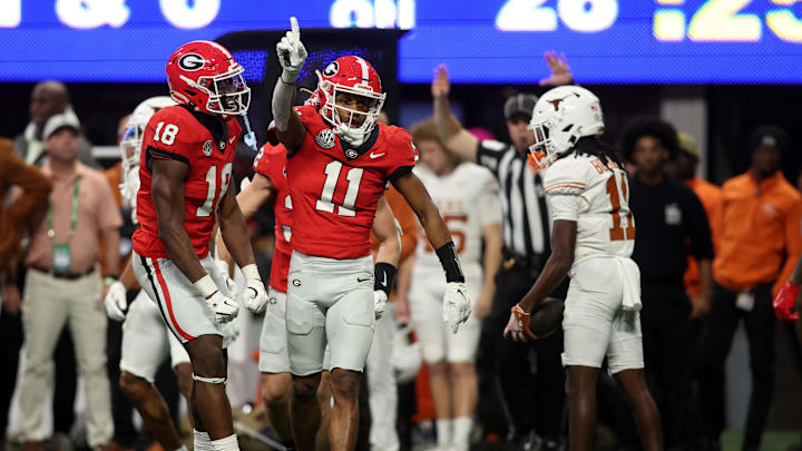 Dec 7, 2024; Atlanta, GA, USA; Georgia Bulldogs linebacker Jalon Walker (11) reacts during the first half in the 2024 SEC Championship game at Mercedes-Benz Stadium. Mandatory Credit: Brett Davis-Imagn Images