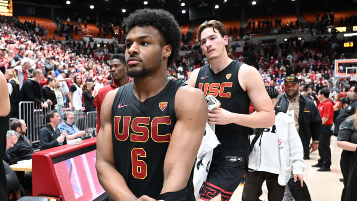 Feb 29, 2024; Pullman, Washington, USA; USC Trojans guard Bronny James (6) walks off the court after a game against the Washington State Cougars at Friel Court at Beasley Coliseum. Washington State Cougars won 75-72. Mandatory Credit: James Snook-USA TODAY Sports