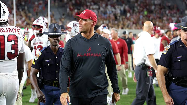 Sep 26, 2026; Tuscaloosa, Alabama, USA;  Alabama Crimson Tide head coach Kalen DeBoer walks off the field after a victory against the South Carolina Gamecocks at Saban Field at Bryant-Denny Stadium.  Mandatory Credit: David Leong-Imagn Images