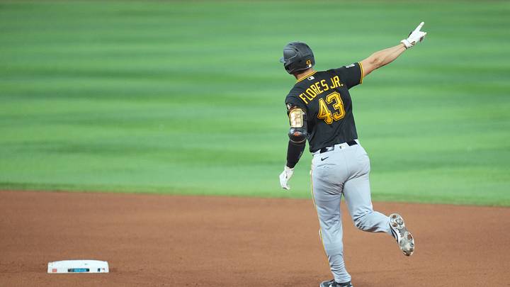Aug 13, 2026; Miami, Florida, USA;  Pittsburgh Pirates catcher Rafael Flores Jr. (43) celebrates a three-run home run in the eighth inning against the Miami Marlins at loanDepot Park. Mandatory Credit: Jim Rassol-Imagn Images