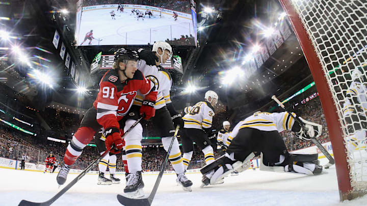 Dawson Mercer (#91 New Jersey Devils) scored two goals in the 5-1 victory over the Boston Bruins