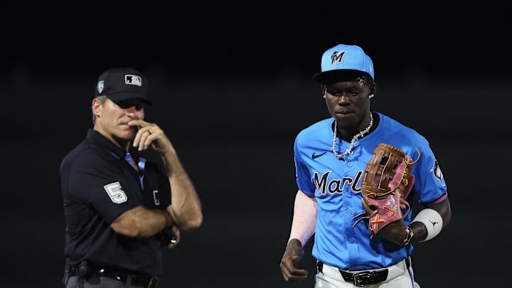 Mar 4, 2024; Jupiter, Florida, USA; Miami Marlins center fielder Jazz Chisholm Jr. (2) looks on