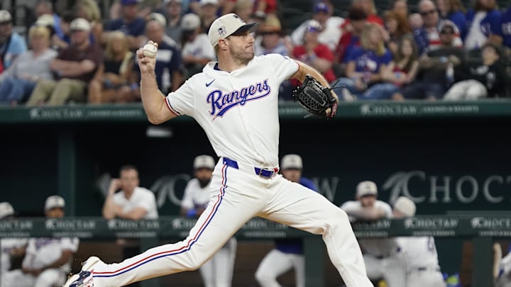 Jul 4, 2024; Arlington, Texas, USA;   Texas Rangers pitcher Max Scherzer (31) throws to the plate during the first inning against the San Diego Padres at Globe Life Field. Mandatory Credit: Raymond Carlin III-USA TODAY Sports