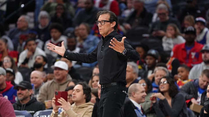 Apr 11, 2025; Philadelphia, Pennsylvania, USA; Atlanta Hawks head coach Quin Snyder reacts against the Philadelphia 76ers in the third quarter at Wells Fargo Center. Mandatory Credit: Kyle Ross-Imagn Images Apr 11, 2025; Philadelphia, Pennsylvania, USA; Atlanta Hawks head coach Quin Snyder reacts against the Philadelphia 76ers in the third quarter at Wells Fargo Center. Mandatory Credit: Kyle Ross-Imagn Images