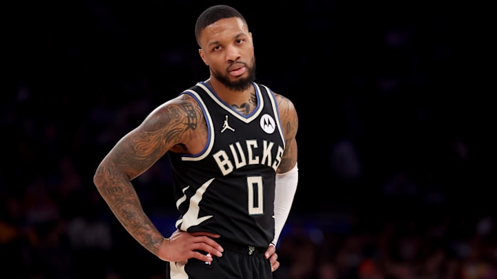 Jan 12, 2025; New York, New York, USA; Milwaukee Bucks guard Damian Lillard (0) reacts during the first quarter against the New York Knicks at Madison Square Garden. Mandatory Credit: Brad Penner-Imagn Images