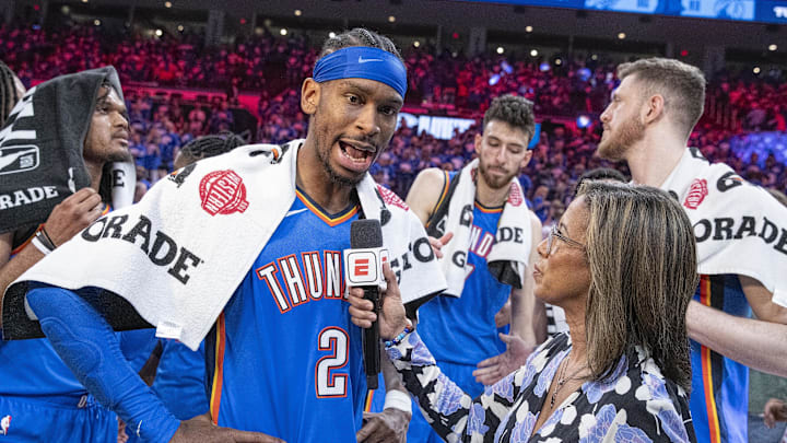 May 18, 2025; Oklahoma City, Oklahoma, USA; Oklahoma City Thunder guard Shai Gilgeous-Alexander (2) talks to a tv reporter following his teams win against the Denver Nuggets in game seven of the second round for the 2025 NBA Playoffs at Paycom Center. Mandatory Credit: Alonzo Adams-Imagn Images May 18, 2025; Oklahoma City, Oklahoma, USA; Oklahoma City Thunder guard Shai Gilgeous-Alexander (2) talks to a tv reporter following his teams win against the Denver Nuggets in game seven of the second round for the 2025 NBA Playoffs at Paycom Center. Mandatory Credit: Alonzo Adams-Imagn Images