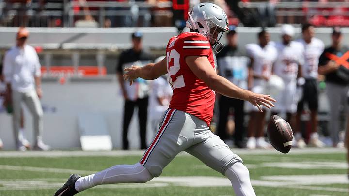 Aug 30, 2025; Columbus, Ohio, USA;Ohio State Buckeyes punter Joe McGuire (42) punts the ball against the Texas Longhorns in the first half at Ohio Stadium. Mandatory Credit: Joseph Maiorana-Imagn Images Aug 30, 2025; Columbus, Ohio, USA;Ohio State Buckeyes punter Joe McGuire (42) punts the ball against the Texas Longhorns in the first half at Ohio Stadium. Mandatory Credit: Joseph Maiorana-Imagn Images