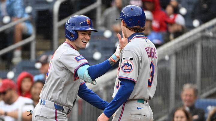 Sep 26, 2026; Washington, District of Columbia, USA; New York Mets center fielder A.J. Ewing (9) is congratulated by teammate right fielder Carson Benge (3) after hitting a three run home run Washington Nationals during the seventh inning at Nationals Park. Mandatory Credit: Brad Mills-Imagn Images Sep 26, 2026; Washington, District of Columbia, USA; New York Mets center fielder A.J. Ewing (9) is congratulated by teammate right fielder Carson Benge (3) after hitting a three run home run Washington Nationals during the seventh inning at Nationals Park. Mandatory Credit: Brad Mills-Imagn Images