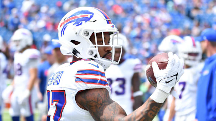 Aug 12, 2023; Orchard Park, New York, USA; Buffalo Bills cornerback Christian Benford (47) warms up