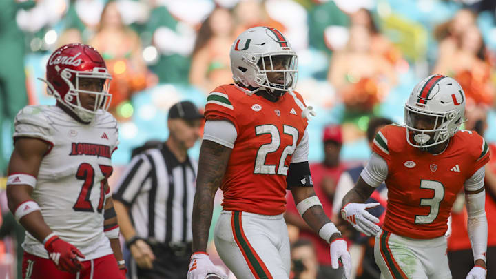 Nov 18, 2023; Miami Gardens, Florida, USA; Miami Hurricanes running back Mark Fletcher Jr. (22) looks on after scoring a touchdown against the Louisville Cardinals during the third quarter at Hard Rock Stadium. Mandatory Credit: Sam Navarro-Imagn Images