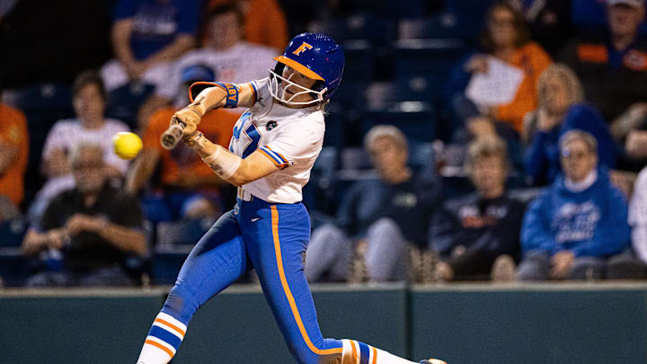 Florida Gators outfielder Kendra Falby (27) hits the ball against the LSU Tigers during the game at Katie Seashole Pressly Stadium at the University of Florida in Gainesville, FL on Monday, April 8, 2024. [Matt Pendleton/Gainesville Sun]