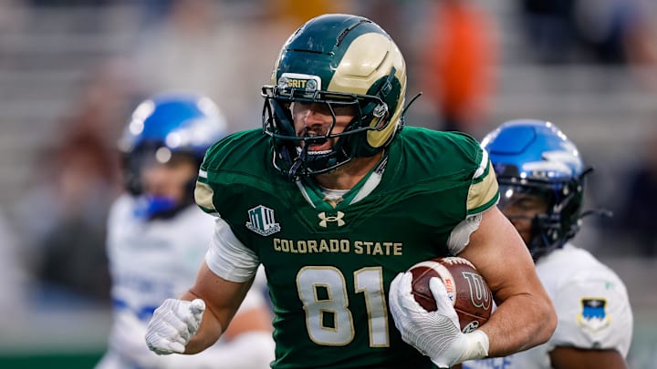 Nov 28, 2025; Fort Collins, Colorado, USA; Colorado State Rams tight end Rocky Beers (81) runs for a touchdown on a reception in the fourth quarter against the Air Force Falcons at Sonny Lubick Field at Canvas Stadium. Mandatory Credit: Isaiah J. Downing-Imagn Images Nov 28, 2025; Fort Collins, Colorado, USA; Colorado State Rams tight end Rocky Beers (81) runs for a touchdown on a reception in the fourth quarter against the Air Force Falcons at Sonny Lubick Field at Canvas Stadium. Mandatory Credit: Isaiah J. Downing-Imagn Images
