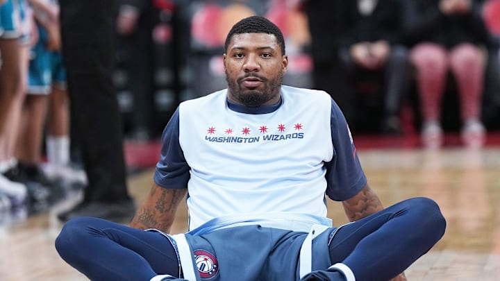 Mar 8, 2025; Toronto, Ontario, CAN; Washington Wizards guard Marcus Smart (36) stretches during the pregame warmup before a game against the Toronto Raptors at Scotiabank Arena. Mandatory Credit: Nick Turchiaro-Imagn Images