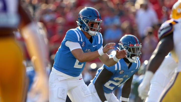 Sep 30, 2023; Oxford, Mississippi, USA; Mississippi Rebels quarterback Jaxson Dart (2) waits for the snap during the first quarter against the LSU Tigers at Vaught-Hemingway Stadium. Mandatory Credit: Petre Thomas-USA TODAY Sports