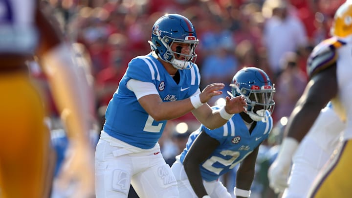 Sep 30, 2023; Oxford, Mississippi, USA; Mississippi Rebels quarterback Jaxson Dart (2) waits for the snap during the first quarter against the LSU Tigers at Vaught-Hemingway Stadium. Mandatory Credit: Petre Thomas-Imagn Images Sep 30, 2023; Oxford, Mississippi, USA; Mississippi Rebels quarterback Jaxson Dart (2) waits for the snap during the first quarter against the LSU Tigers at Vaught-Hemingway Stadium. Mandatory Credit: Petre Thomas-Imagn Images