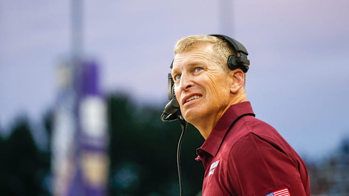 Sep 4, 2021; Seattle, Washington, USA; Montana Grizzlies head coach Bobby Hauck stands on the sideline during the fourth quarter against the Washington Huskies at Alaska Airlines Field at Husky Stadium. Mandatory Credit: Joe Nicholson-Imagn Images
